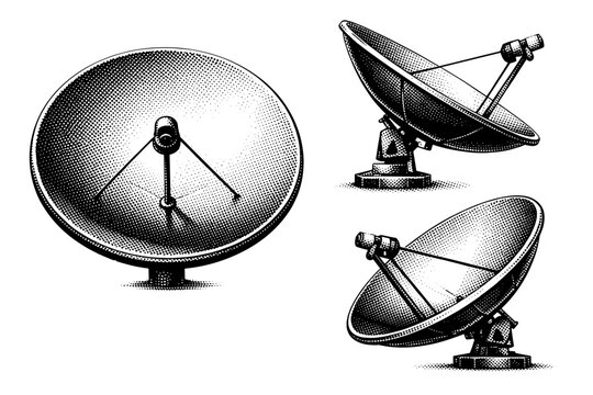 Satellite dish parabolic reflector. A realistic satellite dish shown as a single object in three different views, focusing on the parabolic bowl curvature, rim