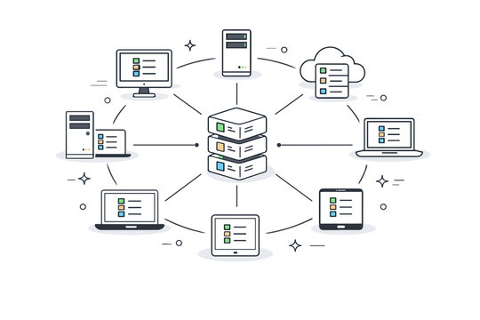 Distributed ledger network. Several computers and servers evenly spaced in a circular layout, all sharing identical block data. A clean editorial scene showing
