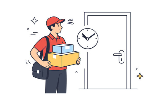 Missed deliveries. A courier standing at a closed door with packages in hand and a small clock icon nearby. Quiet frustration and inefficiency shown through