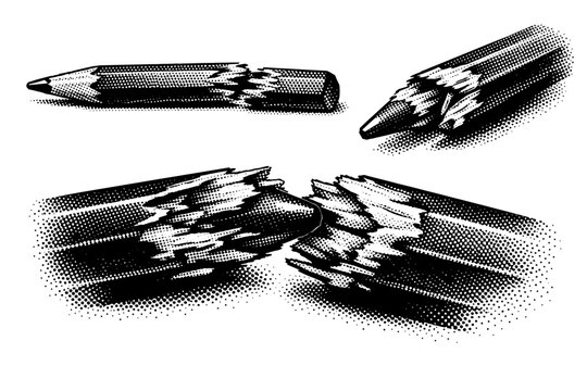Broken pencil A snapped wooden pencil with exposed graphite core, jagged wood fibers, and fractured form shown from side, angled, and close-up break views as