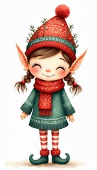 Obraz premium Cute Christmas elf girl wears red hat green sweater striped stockings festive scarf. She has pointy ears and braids happy joyful holiday spirit in winter.