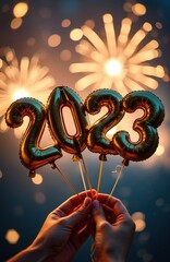 Obraz premium Hands hold gold foil balloons forming 2023 number against celebratory fireworks display background. Festive night sky illuminated with bright explosions signifying New Years Eve party.