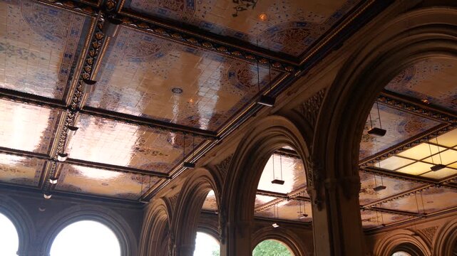 New York City Central Park Bethesda Terrace celling in United States. Arches architecture in NYC Manhattan Midtown, USA. American historic monument near fountain