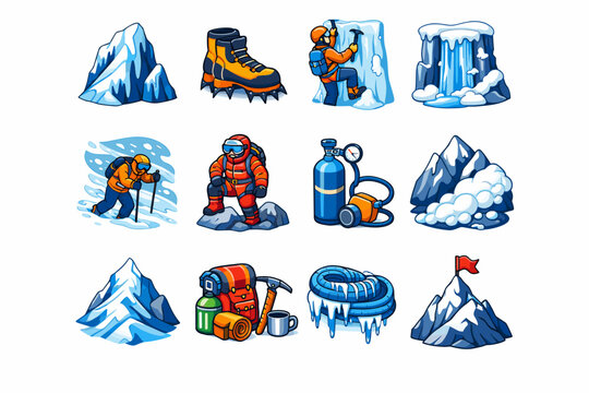 Extreme climbing. Colorful isometric vector icons set of Extreme climbing: icy mountain face, crampons boots, ice climbing, frozen waterfall, blizzard ascent,