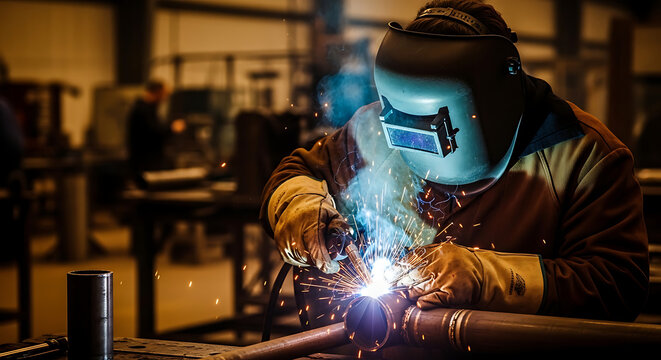 A welder wearing protective gear works on a metal pipe in an industrial setting.