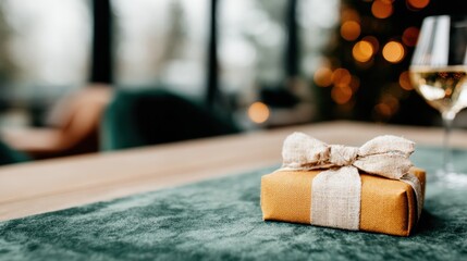 An elegantly wrapped gift sits atop a soft textured surface, surrounded by bokeh lights, symbolizing celebration, joy, and the essence of special moments.