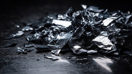 Naklejka premium Textured Metallic Foil Fragments Scattered Across a Dark Reflective Surface
