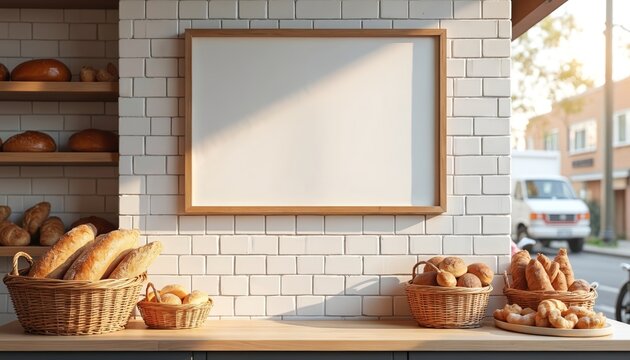 Blank wood frame on white brick wall in bakery. Baskets with fresh bread, baguettes, buns, croissants displayed. Outdoor street view with van and building visible.