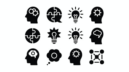 Collection of creative thinking icons with lightbulbs gears and puzzle pieces in black on white background for business and innovation concepts