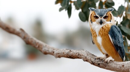 A striking owl with vibrant plumage sits elegantly on a branch, showcasing wildlife beauty and the essence of nature's intelligence and grace.
