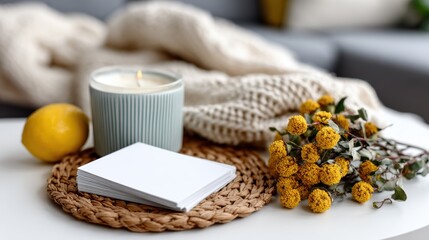 Fototapeta premium An inviting scene features a lit candle alongside a minimalist arrangement of flowers and a lemon, embodying a serene atmosphere perfect for relaxation and self-care.