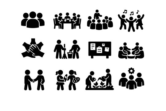 Community Living. Solid icon set of Community Living: group of people, shared dining table, community meeting, social event, collaboration, shared chores,