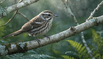Fototapeta premium Small brown striped songbird perched on mossy branch in lush green forest sunlight