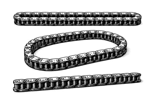 Engine timing chain presented extended straight, partially looped, and in side profile view, maintaining accurate link proportions and mechanical detail. Black