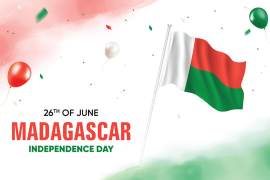 Madagascar Independence Day. Madagascar Flag Waving With Floating Balloons On Watercolor Grunge Backgorund Design Vector Illustration.