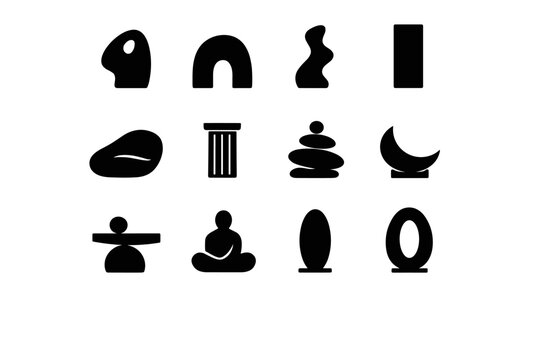 Minimalist Sculptures. Solid icon set of Minimalist Sculptures: minimal abstract statue, simple form sculpture, clean line sculpture, monolithic art form,