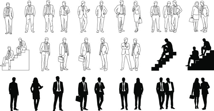Set of business people silhouettes and line art vector illustrations featuring professional men and women standing sitting and talking for architectural scale figures