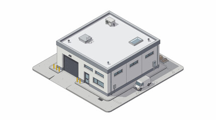 Isometric illustration of a modern commercial warehouse building with a delivery truck parked outside