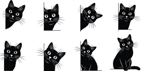 Set of cute black cat silhouettes peeking around corners and walls featuring curious feline faces with whiskers and large eyes for minimalist animal pet designs © Ketab