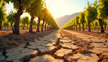 Naklejka premium Sun shines on cracked dry earth in vineyard. Green grapevines grow in arid soil under bright sunlight. Agriculture faces drought challenges.