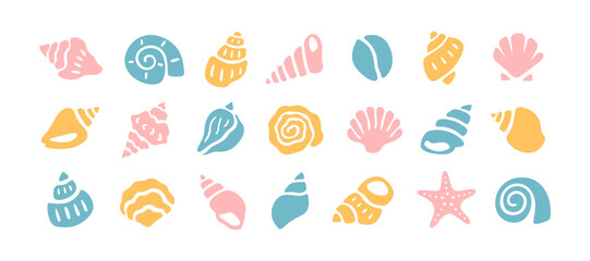 Set of colorful shells in a naive style © Myurenn