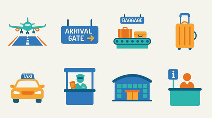 Airport Travel Icons &ndash; Arrivals, Passport Control, and Services