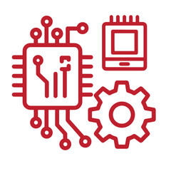 Obraz premium Red line icons of microchip computer chip gear and microprocessor on white background for technology concepts symbols of digital engineering innovation