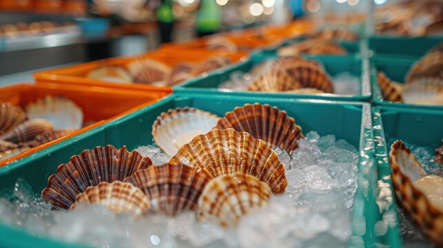 Fresh raw scallops in shells arranged on crushed ice inside plastic crates at a fish market display.