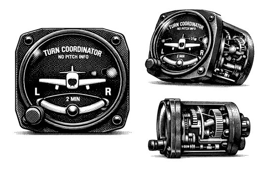 Turn coordinator instrument with miniature airplane silhouette and curved inclinometer tube presented in front, angled, and profile views detailing glass