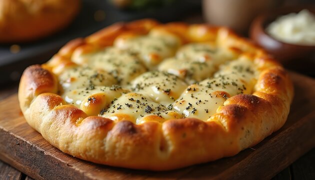 Warm manakeesh flatbread with melted cheese and zaatar herbs on wooden board. Savory baked dough topped with spice, ideal snack for breakfast, lunch or dinner.