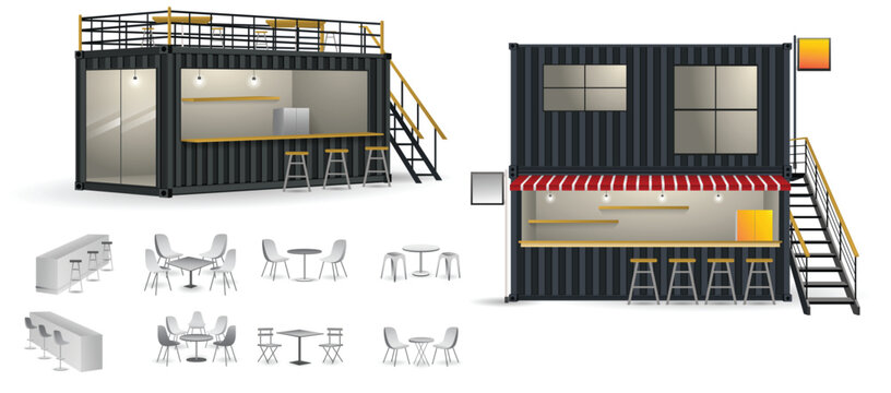 3D illustration of a modern shipping container converted into a street food cafe kiosk with outdoor seating, serving window, and minimalist industrial design. Ideal for concepts related to small  