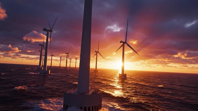 A stunning sunset over a wind farm, with turbines silhouetted against vibrant clouds