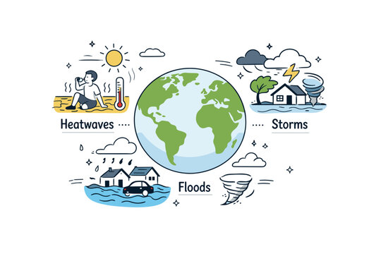 Climate-related hazards overview. Icons and small scenes showing heatwaves, floods, and storms around a central globe. Educational and balanced composition