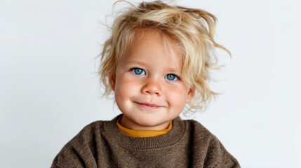 Fototapeta premium A delightful toddler with tousled blonde hair and bright blue eyes smiles sweetly, capturing the innocence and joy of childhood in a bright and playful portrait.