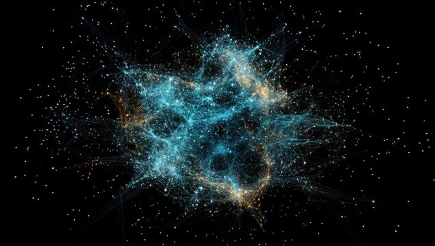 Abstract glowing network of interconnected blue and golden particles and lines on a dark background, representing data, communication, or futuristic technology.