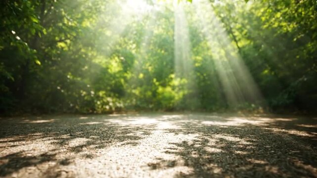 Sunbeams filtered through dense green summer foliage onto rough textured surface, high contrast light and shadow pattern, high resolution background, minimal commercial style