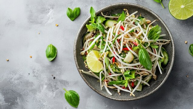 Fresh Asian Bean Sprout Salad with Basil, Cucumber, Red Chili, and Lime, Served in a Bowl on a Concrete Background