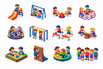 Obraz premium Playground Fun. Colorful isometric vector icons set of Playground Fun: children on slide, kids on swings, children on seesaw, kids climbing jungle gym,