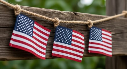 Three small american flags hanging on a string against a blurred green background