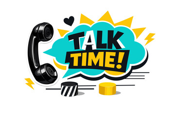 Retro black and white telephone receiver floating as cut-out object with crisp white outline, vibrant turquoise and yellow speech cloud expanding from it, bold