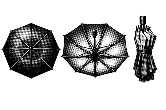 Umbrella canopy structure, a realistic umbrella canopy shown from top view open, underside open, and collapsed view as three object studies focusing on rib
