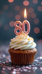 Single cupcake with white frosting. Rose gold candle shows number 80. Fire burns on top of candle. Defocused bokeh lights in background. Festive party mood.
