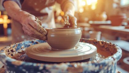 A potter shapes clay into a bowl on a spinning wheel in a workshop.