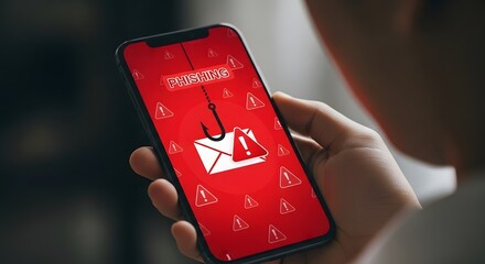 Obraz premium Hand Holding Smartphone Displaying Red Warning Alert on Dark Background
