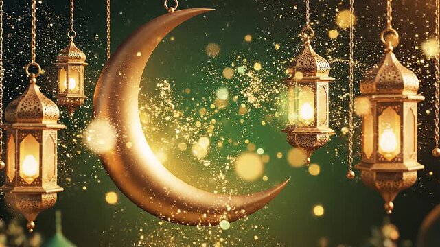 Ramadan background with a glowing golden crescent moon hanging from delicate chains and ornate lanterns, soft green gradient