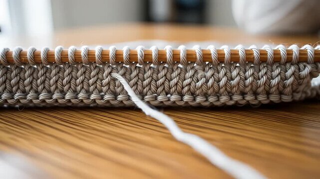 Knitting project on wooden needles on wooden table with white yarn coming out of knitting