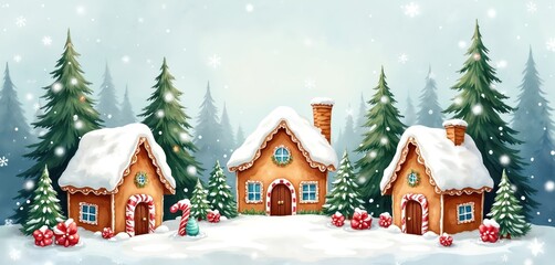 Naklejka premium Sweet gingerbread village sits covered in snow. Decorated houses with candy cane doors and snowy roofs. Pine trees surround festive holiday scene. Presents placed around dwellings.