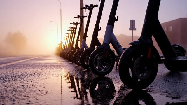 Row of electric scooters parked on wet street during sunrise, fog creating a soft atmosphere with reflections visible on the pavement and surrounding urban elements