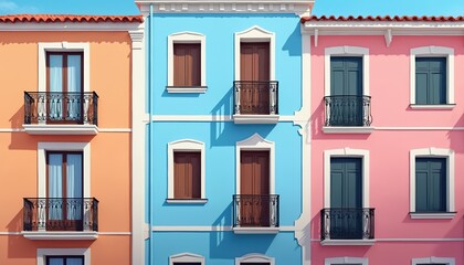Obraz premium Row of colorful buildings in pastel shades with balconies. Houses feature ornate windows and decorative facades. Sunny day with clear blue sky casting shadows on walls. Residential urban street scene.