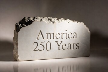 A stone plaque commemorating America's 250th anniversary is displayed on a reflective surface.